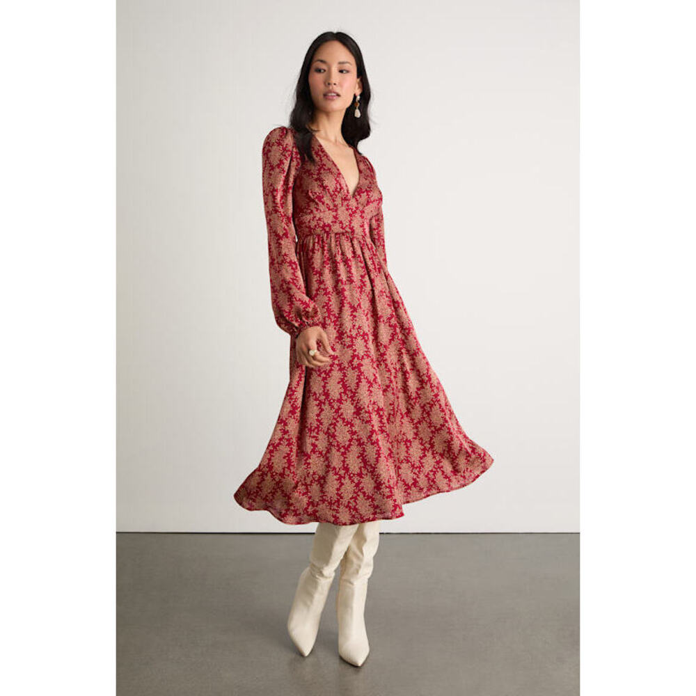 Lulus Graceful Impression Wine Red Floral Print Midi Dress - Size L